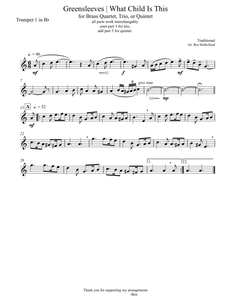 Greensleeves | What Child is This for Brass Trio, Quartet, or Quintet (arr. Ben Mulholland)