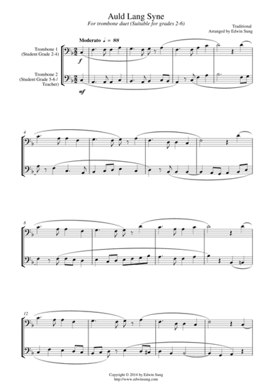 Auld Lang Syne (for trombone duet, suitable for grades 2-6) (arr. Edwin Sung)