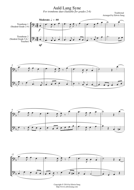 Auld Lang Syne (for trombone duet, suitable for grades 2-6) (arr. Edwin Sung)