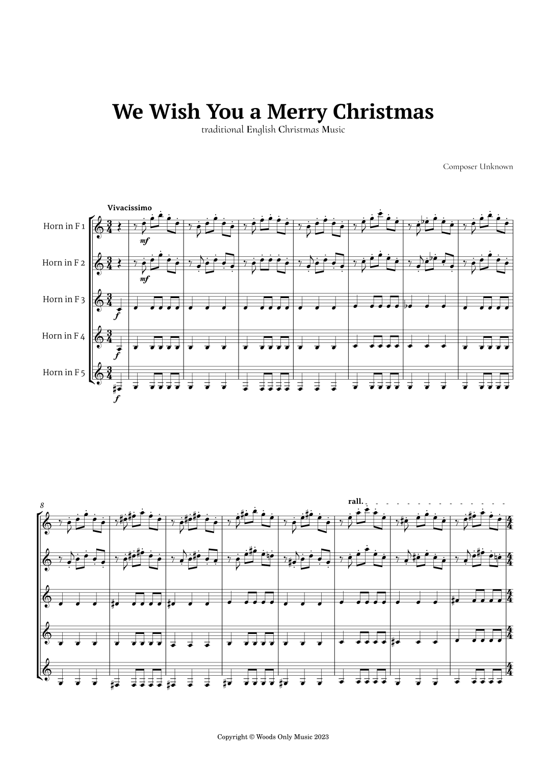 We Wish You a Merry Christmas for French Horn Quintet (arr. Ander)