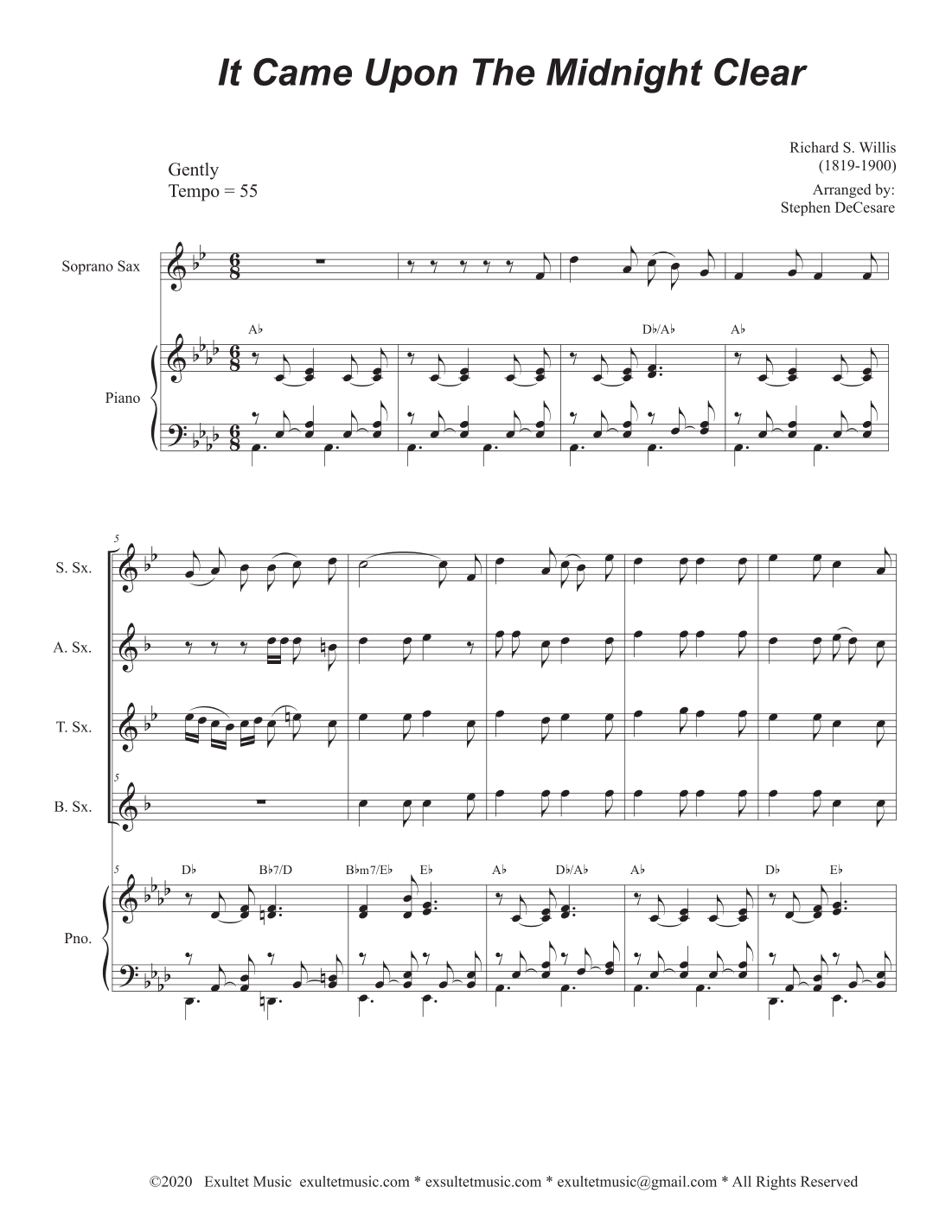 It Came Upon The Midnight Clear (Saxophone Quartet and Piano) (arr. Stephen DeCesare)