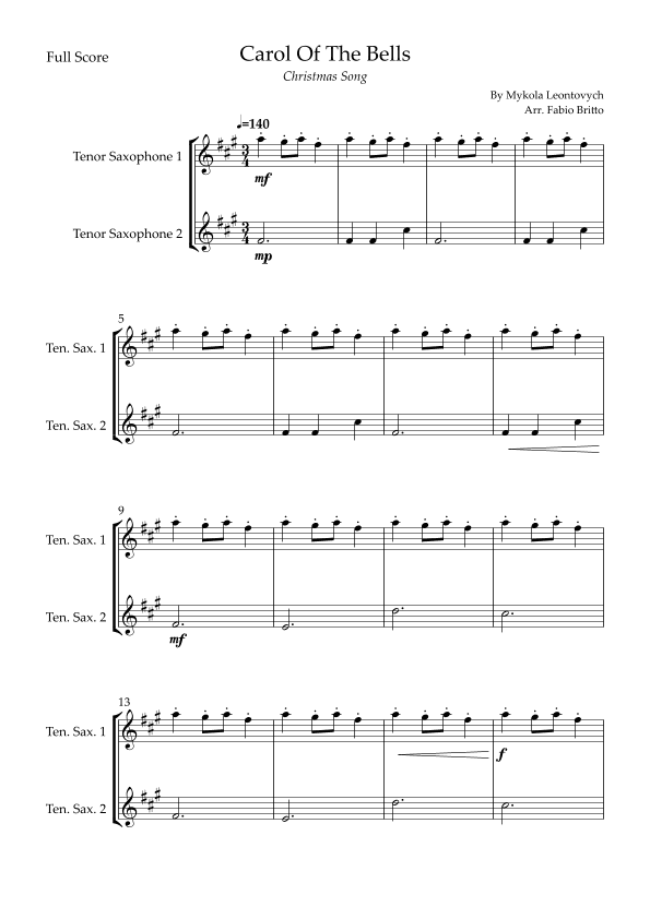Carol Of The Bells (Christmas Song) for Tenor Saxophone Duo (arr. Fabio Britto)