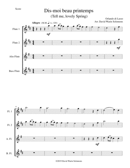 Dis-moi, beau printemps (Tell me, lovely Spring) for flute quartet (arr. David Warin Solomons)