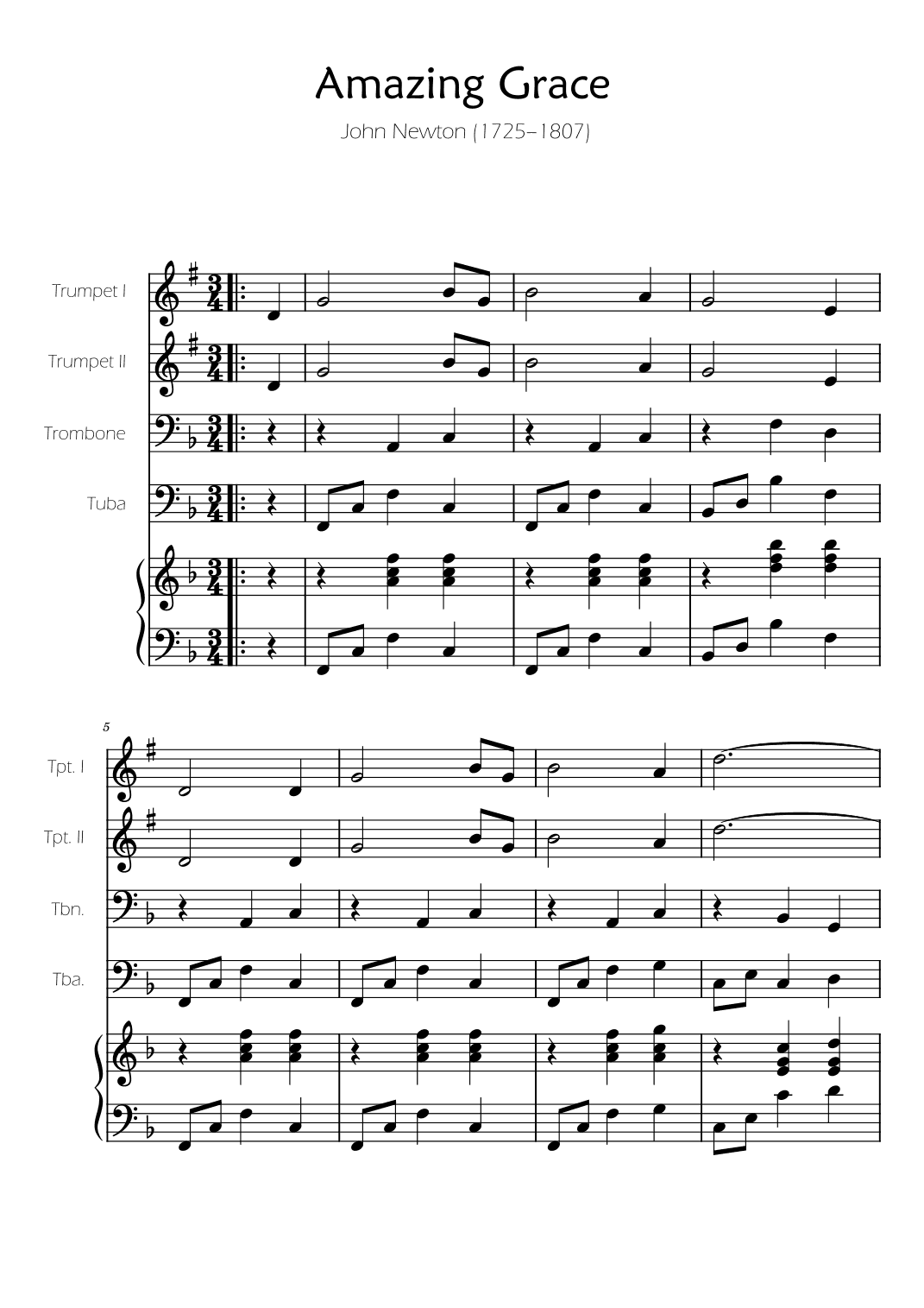Amazing Grace - Brass Quartet w/ Piano Accompaniment (arr. Ygor Nunes)