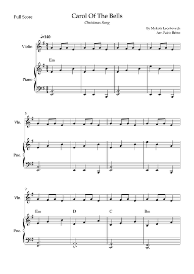 Carol Of The Bells (Christmas Song) for Violin Solo and Piano Accompaniment with Chords (arr. Fabio Britto)