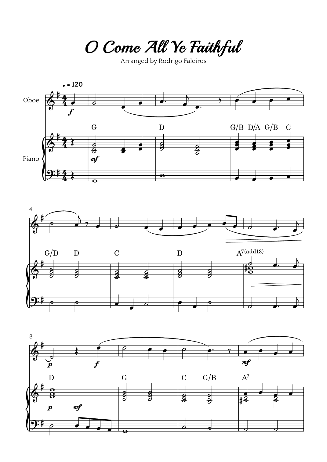 O Come All Ye Faithful (for oboe and piano accompaniment) (arr. Rodrigo Faleiros)