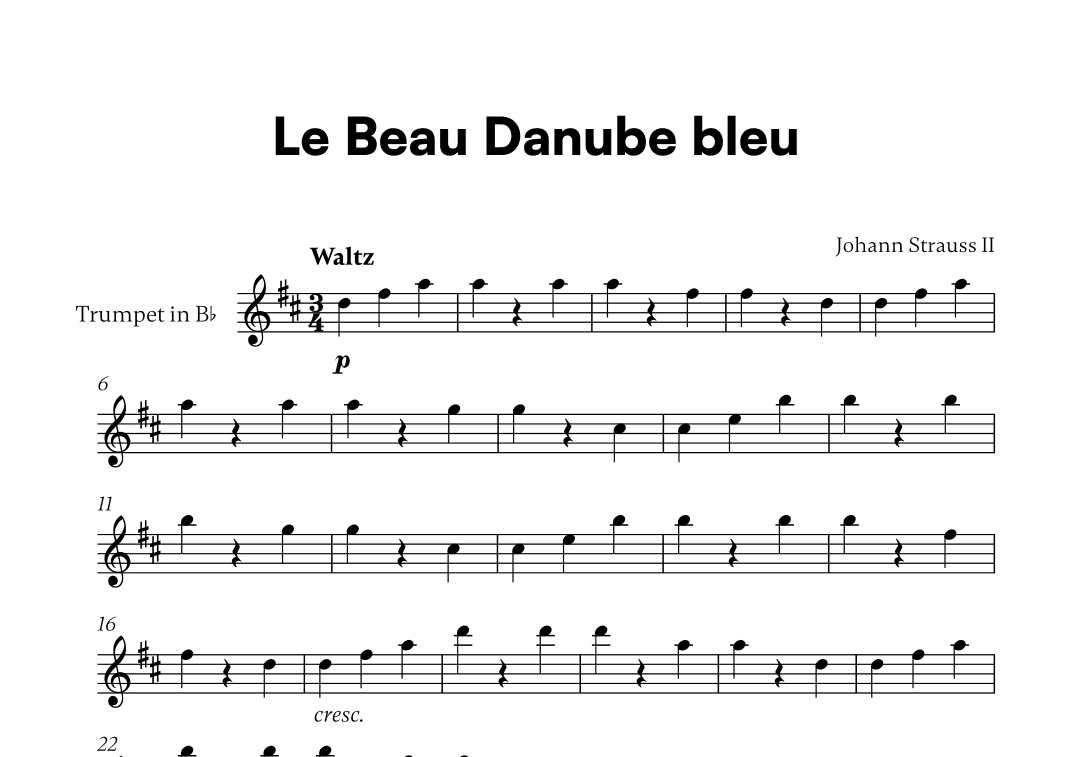 Johann Strauss II - Le Beau Danube bleu for Trumpet in Bb Solo (arr. Cadenza Editions)