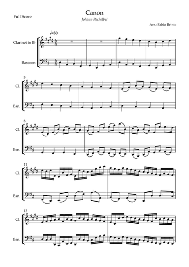 Canon - Johann Pachelbel (Wedding/Reduced Version) for Clarinet in Bb & Bassoon Duo (arr. Fabio Britto)