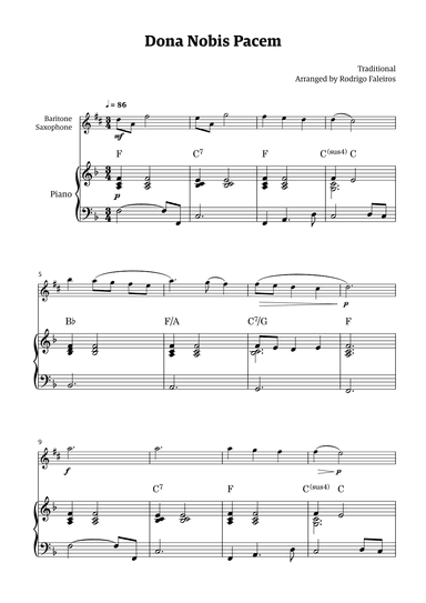 Dona Nobis Pacem - for baritone saxophone (with piano accompaniment with chords) (arr. Rodrigo Faleiros)
