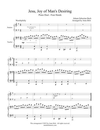 Jesu, Joy of Man's Desiring (late elementary student/teacher piano duet) (arr. Anne Britt)