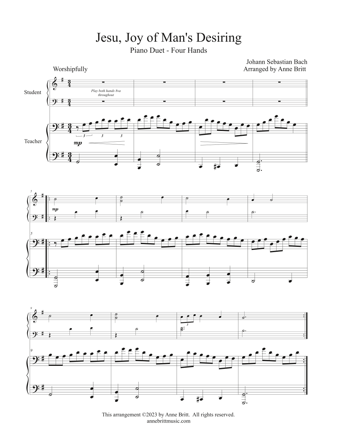 Jesu, Joy of Man's Desiring (late elementary student/teacher piano duet) (arr. Anne Britt)