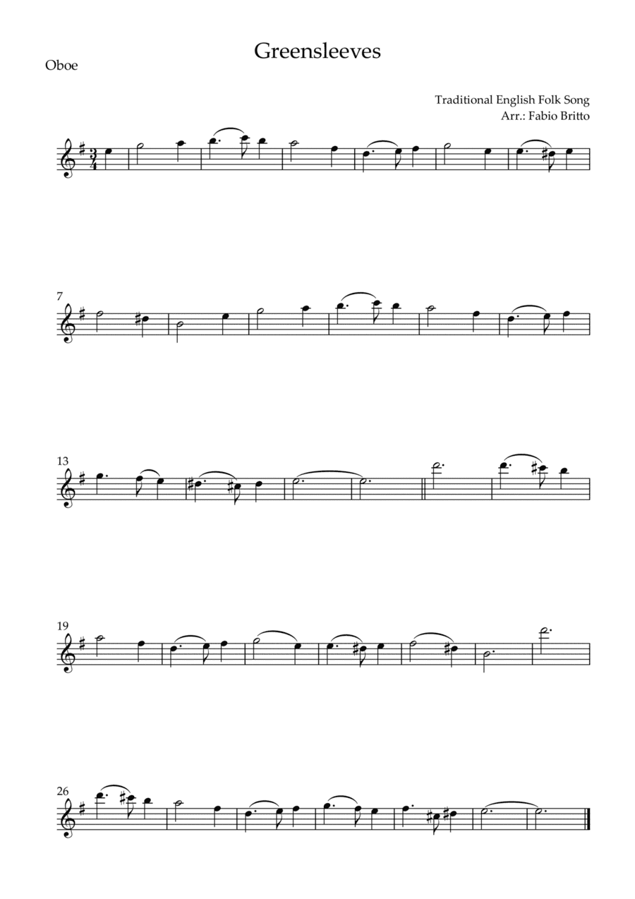 Greensleeves for Oboe Solo (E Minor) (arr. Fabio Britto)