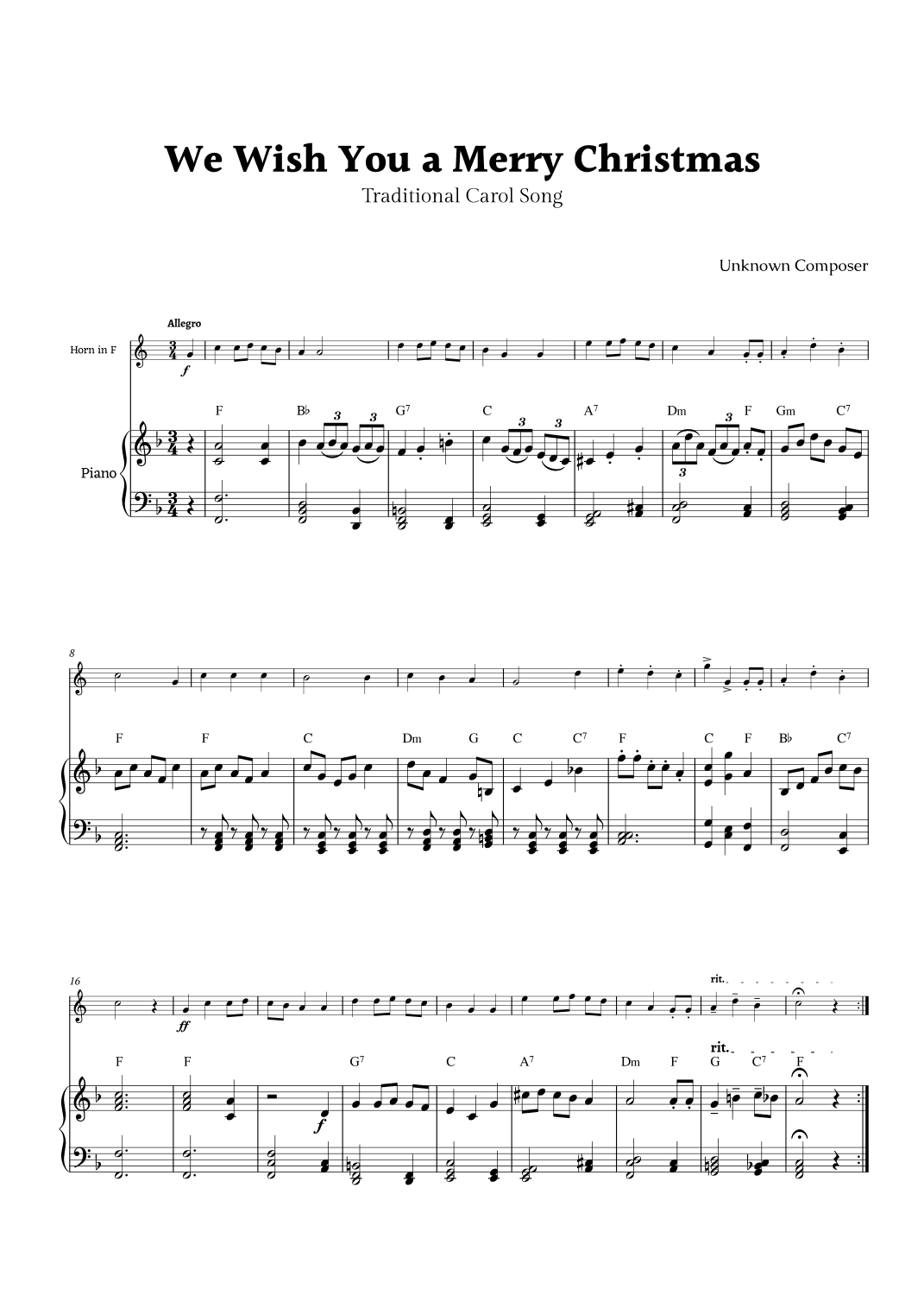 We Wish you a Merry Christmas for Horn in F and Piano (arr. Rika K.)