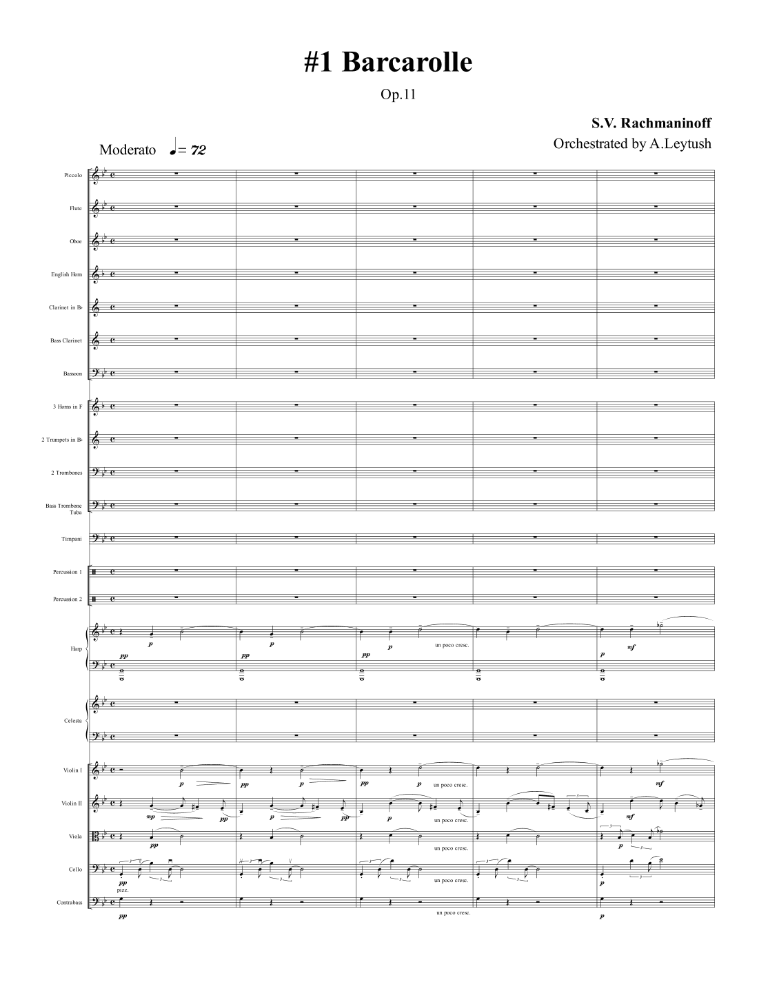 S. Rachmaninov - "Barcarolle", #1, Op. 11, Orchestrated by A. Leytush - Score Only