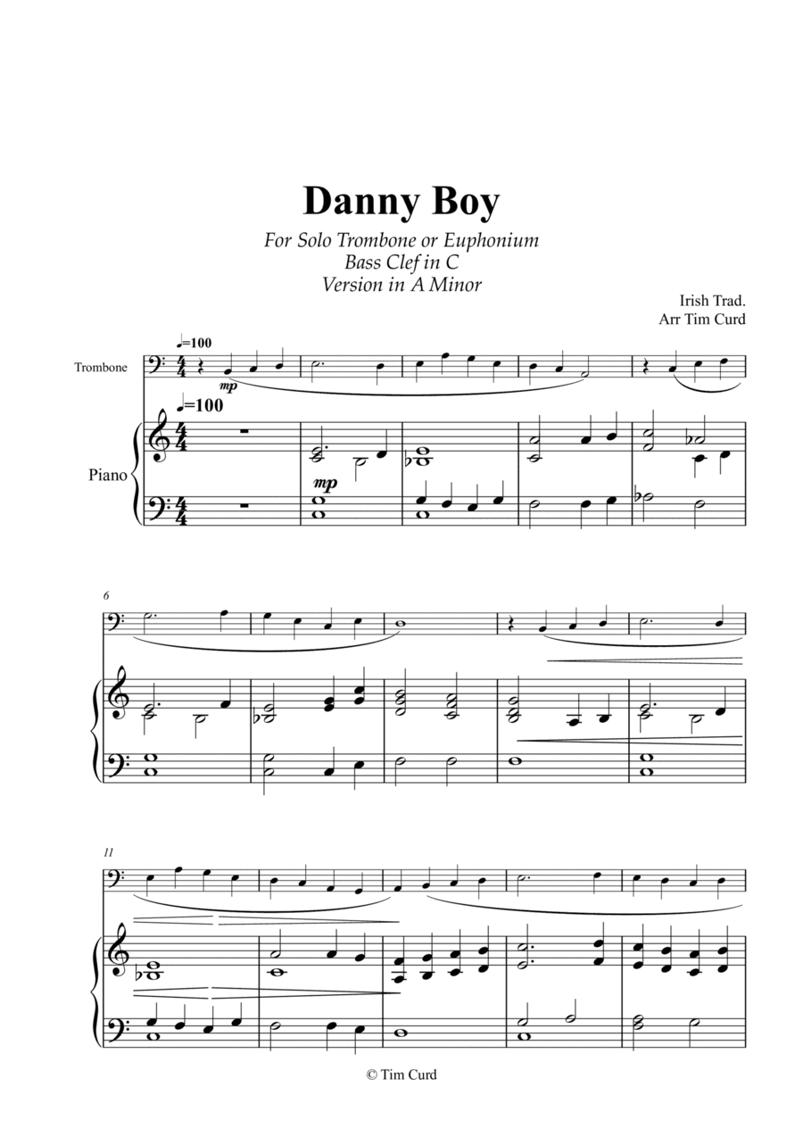 Danny Boy for Solo Trombone/Euphonium in C (bass clef) and Piano. Version in A Minor (arr. Tim Curd)