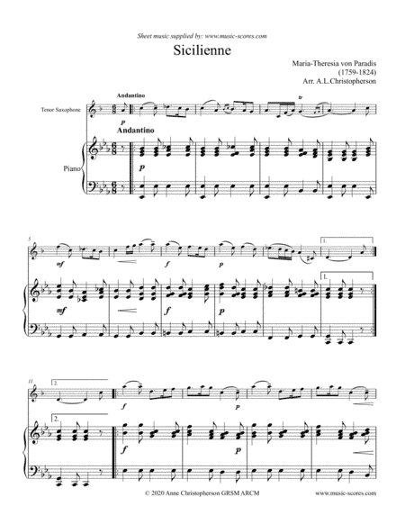 Paradies: Sicilienne - Tenor Sax and Piano (arr. Anne L Christopherson GRSM ARCM)