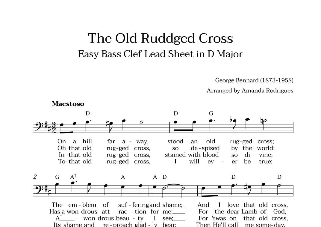 The Old Rugged Cross in D Major - Easy Bass Clef Lead Sheet (arr. Amanda Cerqueira Rodrigues)