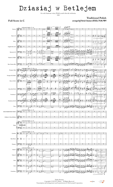 Dziasiaj w Betlejem ("O Come Rejoicing") for solo baritone, youth choir and orchestra (arr. Patrick Sheehan)