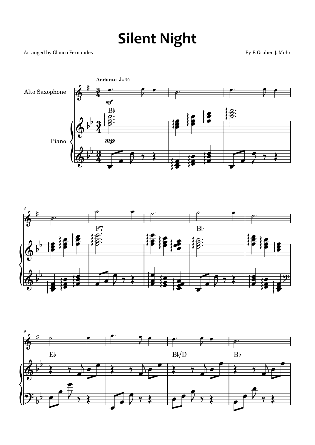 Silent Night - Alto saxophone and piano with chord symbols (arr. Glauco Fernandes)