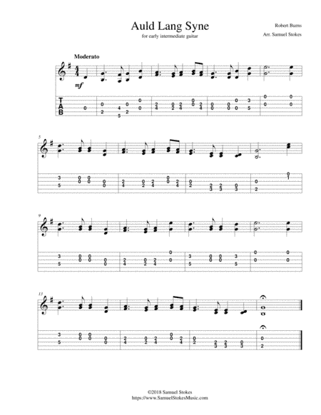 Auld Lang Syne - for early intermediate guitar with TAB (arr. Samuel Stokes)