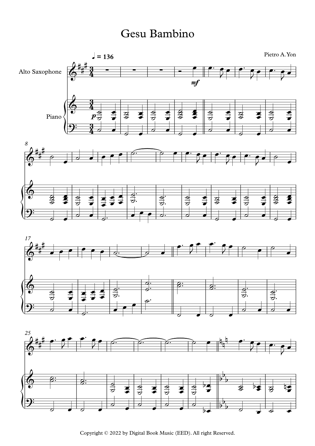 Gesu Bambino (The Infant Jesus) - Pietro A. Yon (Alto Sax + Piano) (arr. Digital Book Music)