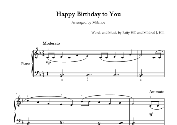 Happy Birthday to You Piano in F Easy Intermediate Fingering (arr. Milanov)