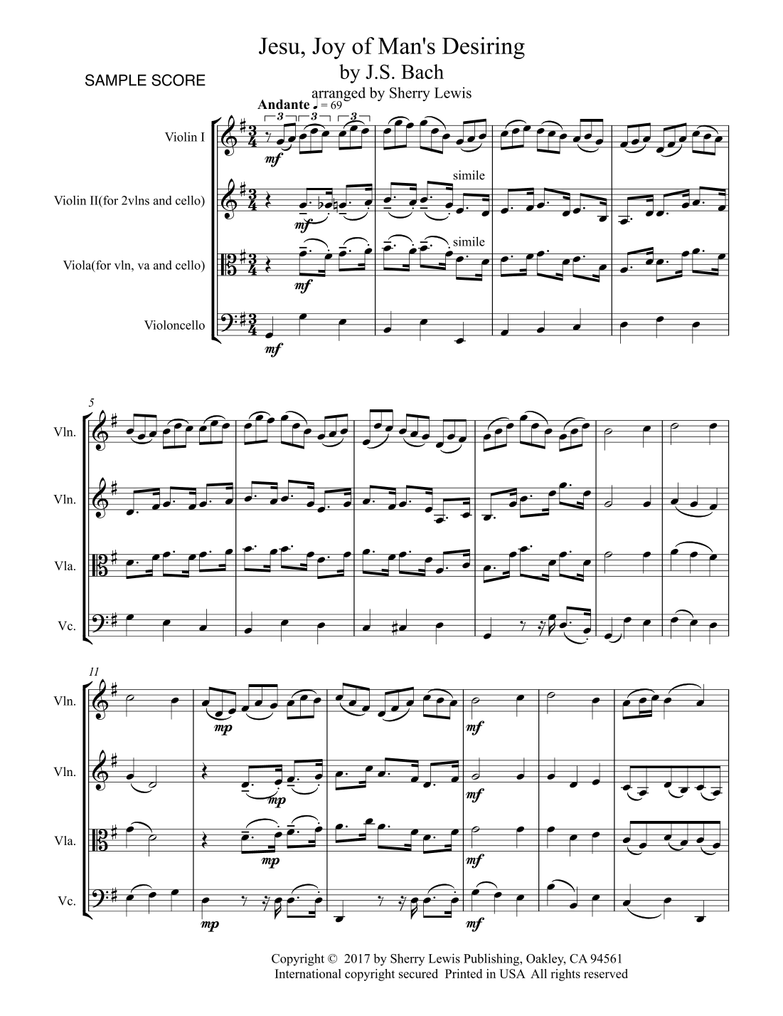JESU, JOY OF MAN'S DESIRING- String Trio, Intermediate Level for 2 violins and cello or violin, viol (arr. Sherry Lewis)