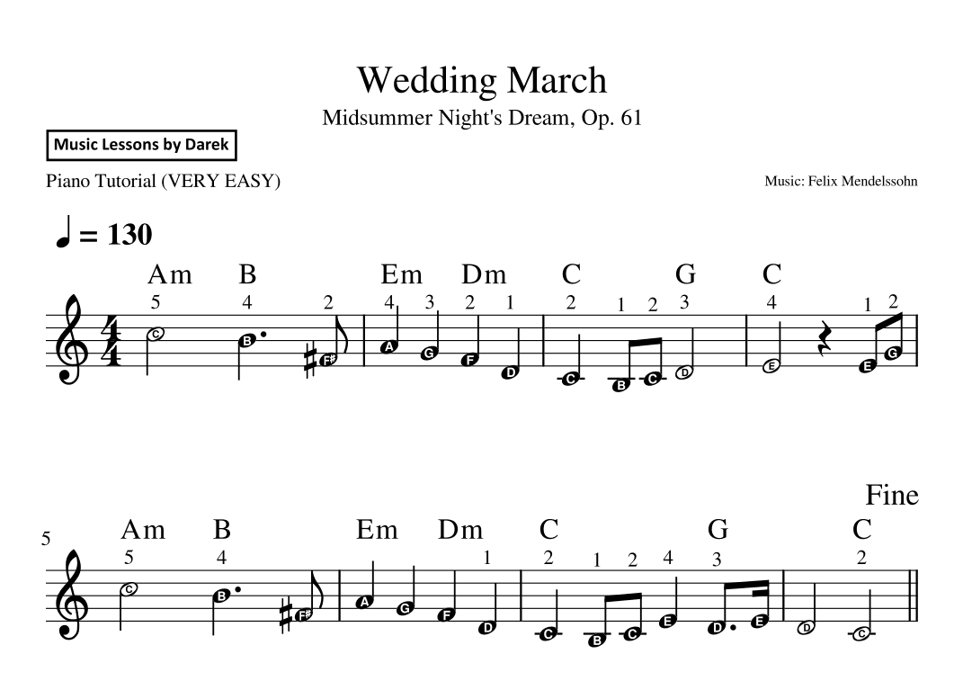 Wedding March (VERY EASY PIANO) Midsummer Night's Dream, Op. 61 [Felix Mendelssohn] (arr. Darek)