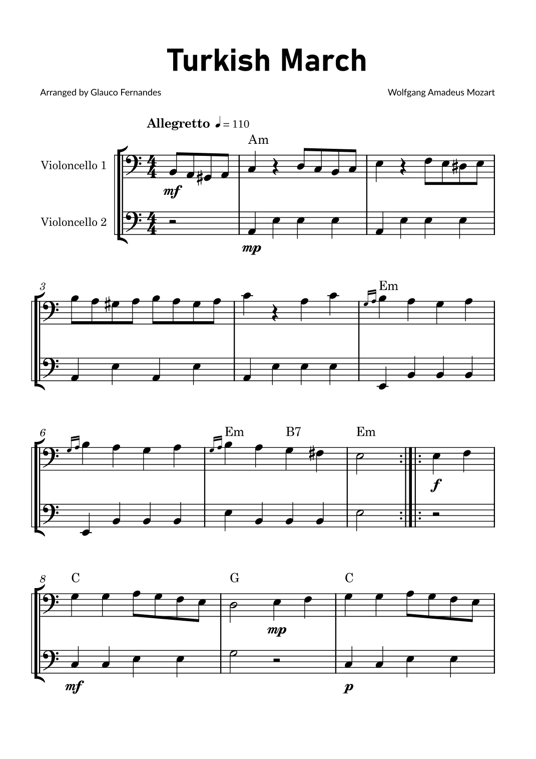 Turkish March by Mozart - Cello Duet with Chord Notations (arr. Glauco Fernandes)