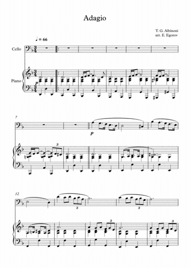 Adagio (In G Minor), Tomaso Giovanni Albinoni, For Cello & Piano (arr. Eugene Egorov)