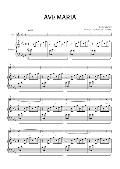 Bach / Gounod Ave Maria in E flat major [Eb] • contralto sheet music with piano accompaniment (arr. Benzaiten Editions)