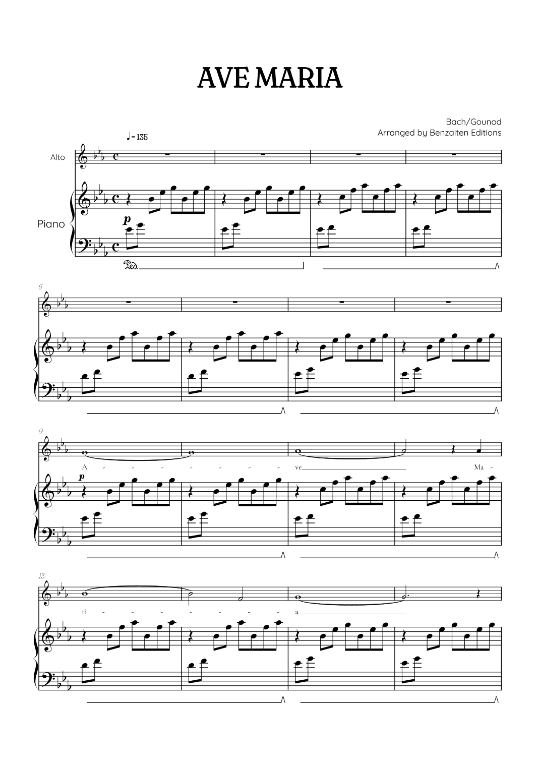 Bach / Gounod Ave Maria in E flat major [Eb] • contralto sheet music with piano accompaniment (arr. Benzaiten Editions)
