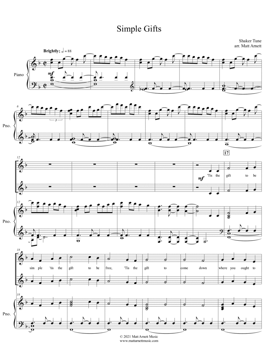 Simple Gifts - SA Choir (arr. Matt Arnett)