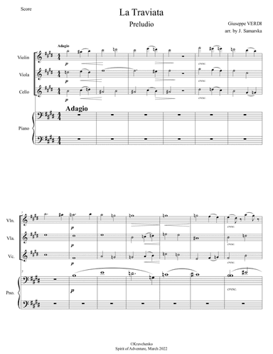 Giuseppe Verdi - La Traviata (Preludio) arr. for piano quartet (score and parts) (arr. Julia Samarska)