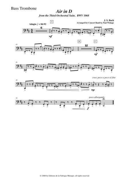 Johann Sebastian Bach/Wehage, Air in D from the Third orchestral suite, BWV 1068 arranged for concer (arr. Musik Fabrik Music Publishing)