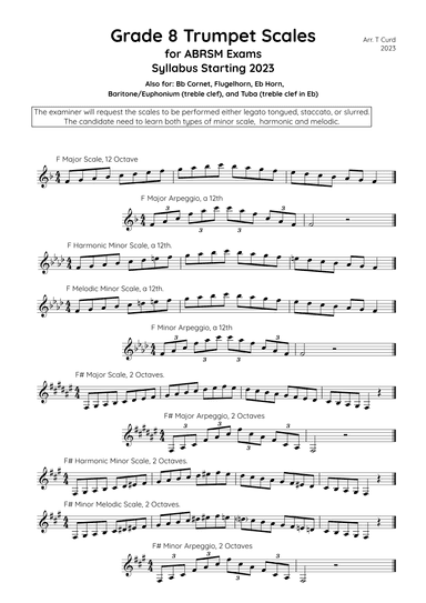Trumpet Scales Grade 8. For the new ABRSM Syllabus from 2023. (arr. Tim Curd)