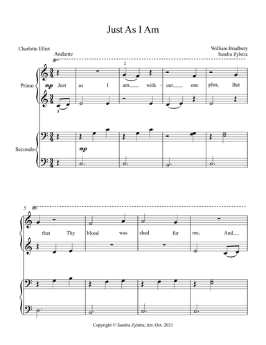 Just As I Am (beginning solo with optional elementary duet) (arr. Sandra Zylstra)