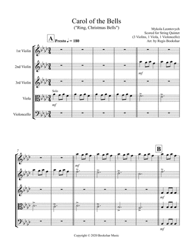 Carol of the Bells (F min) (String Quintet - 3 Violin, 1 Viola, 1 Cello) (arr. Regis Bookshar)