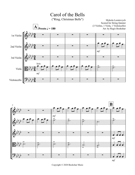 Carol of the Bells (F min) (String Quintet - 3 Violin, 1 Viola, 1 Cello) (arr. Regis Bookshar)