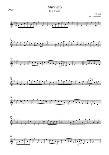 Minueto in G Major ( J.S. Bach) for Oboe Solo (arr. Fabio Britto)