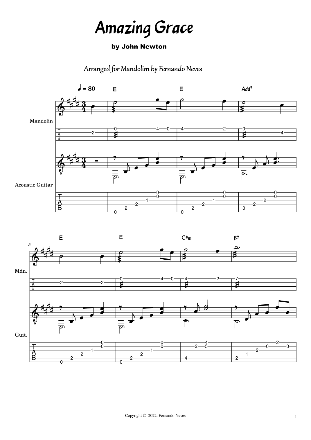 Amazing Grace for Mandolim & Guitar (Tablature and Scores) (arr. FERNANDO LUIZ NEVES)