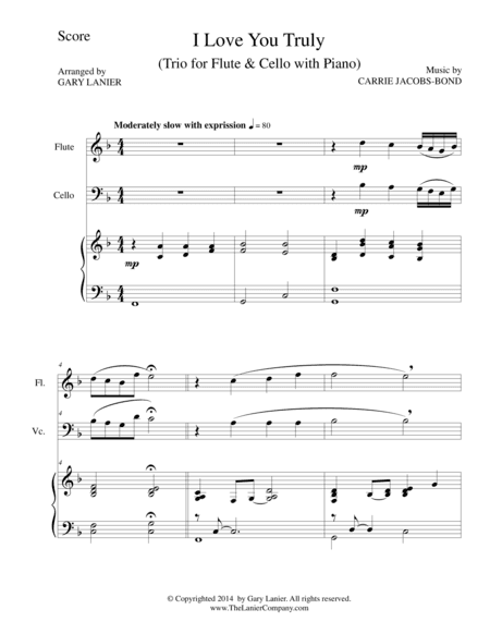 I LOVE YOU TRULY (Trio for Flute, Cello and Piano with Score and Parts) (arr. Gary Lanier)