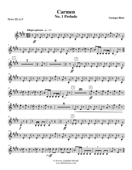Carmen, No. 1 Prelude - Horn in F 3 (Transposed Part) (arr. Doug Clyde)