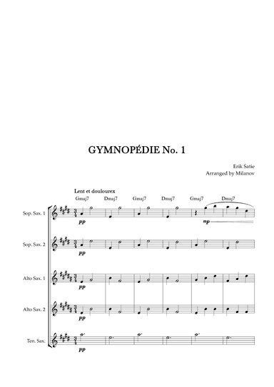 Gymnopédie no 1 | Saxophone Quintet | Original Key | Chords | Easy intermediate (arr. Milanov)