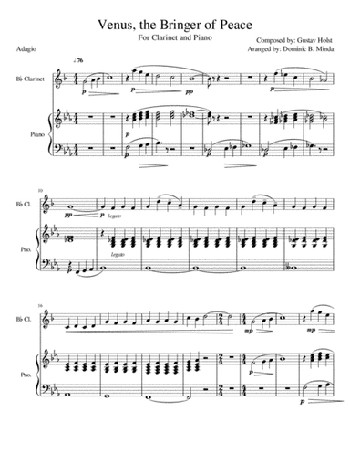 Venus from "The Planets" for clarinet and piano. (arr. Dominic B. Minda)