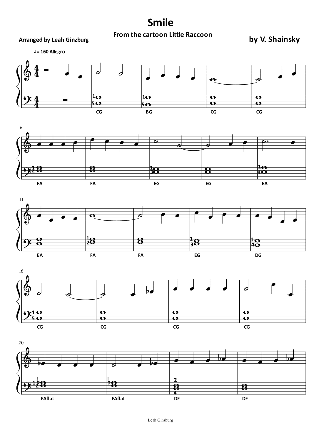 Smile (from the cartoon Little Raccoon) (arr. Leah Ginzburg)