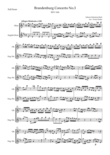 Brandenburg Concerto No. 3 in G major, BWV 1048 1st Mov. (J.S. Bach) for Oboe & English Horn Duo (arr. Victor Drake)