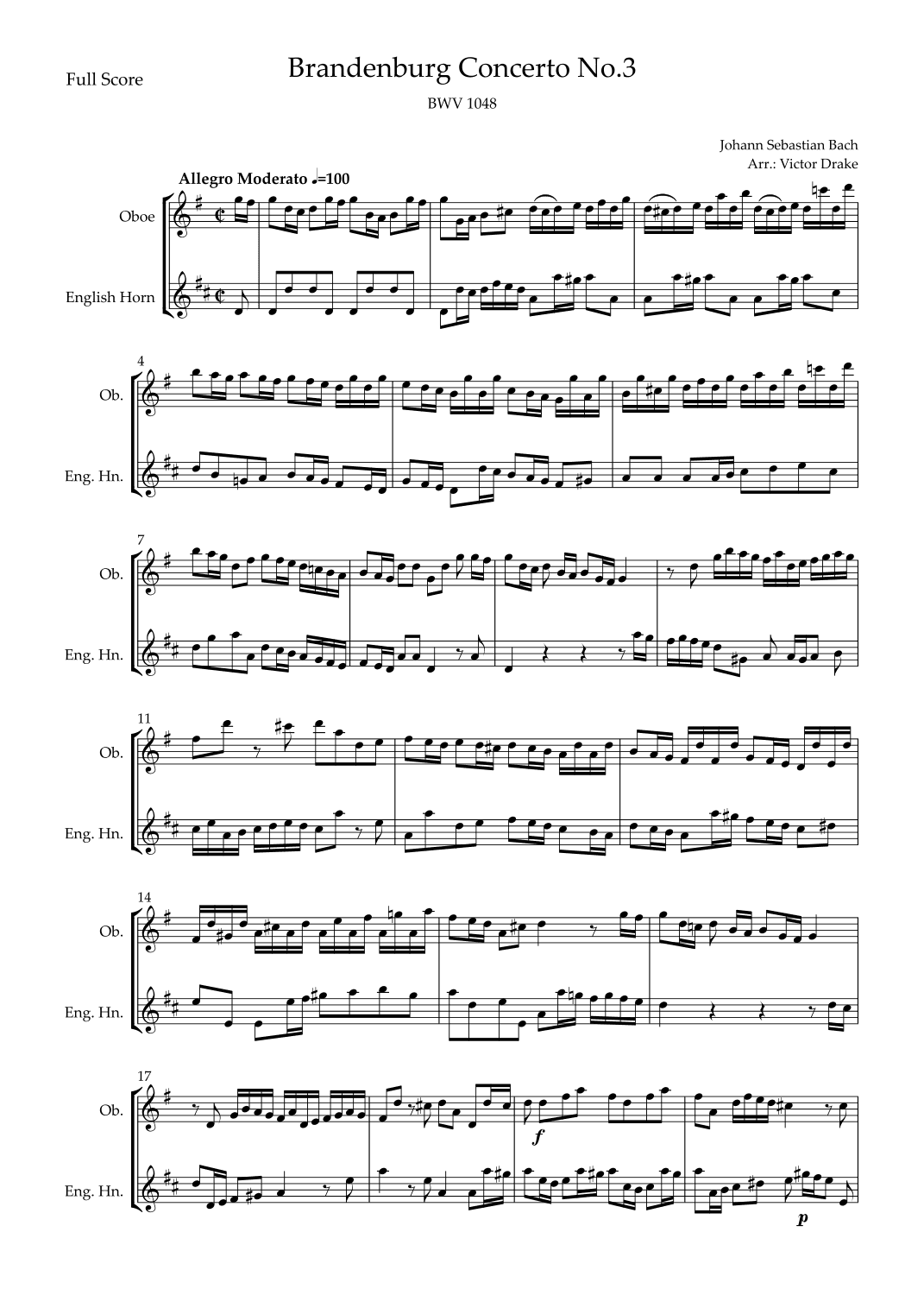 Brandenburg Concerto No. 3 in G major, BWV 1048 1st Mov. (J.S. Bach) for Oboe & English Horn Duo (arr. Victor Drake)