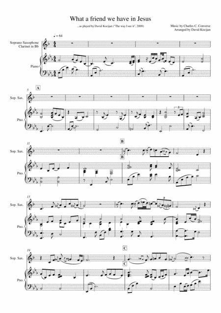 What a friend we have in Jesus (piano & soprano sax or clarinet in Bb) (arr. David Kocijan)