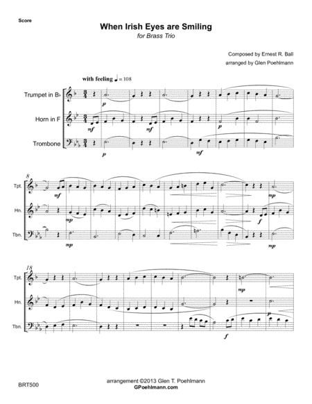 WHEN IRISH EYES ARE SMILING arranged for BRASS TRIO (unaccompanied) (arr. Glen Poehlmann)